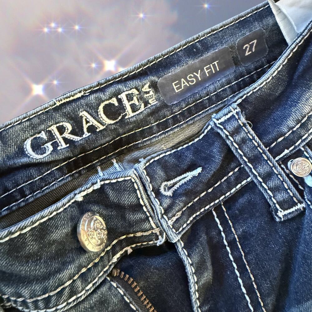 Y2K Grace in LA Low Rise Flare Jeans Embroidered Sequin Western Grunge 27 - Picture 4 of 6